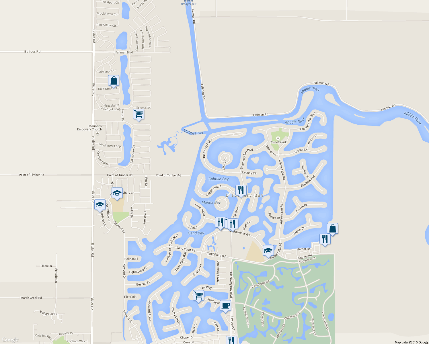 map of restaurants, bars, coffee shops, grocery stores, and more near 5010 Discovery Point in Discovery Bay