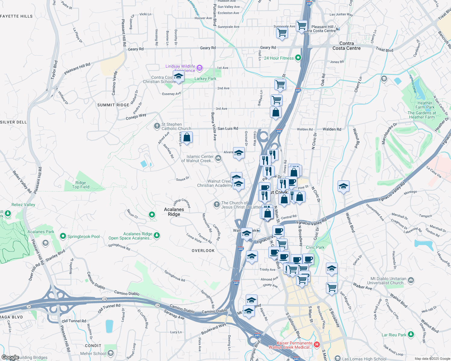 map of restaurants, bars, coffee shops, grocery stores, and more near 121 School Lane in Walnut Creek