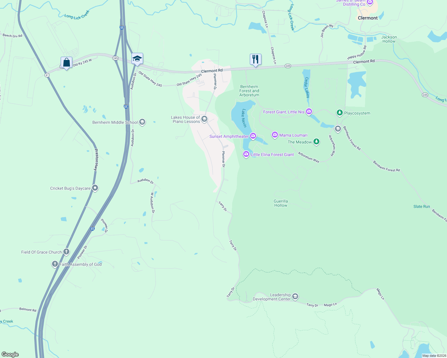 map of restaurants, bars, coffee shops, grocery stores, and more near 484 Plenmar Drive in Shepherdsville