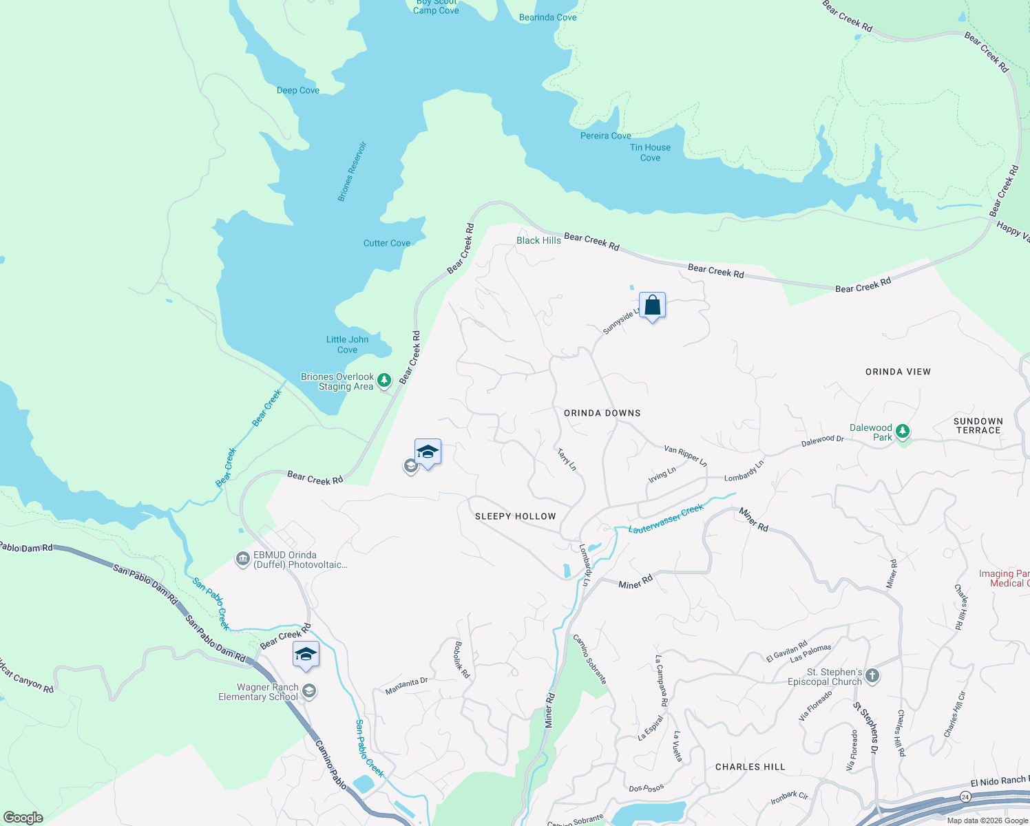 map of restaurants, bars, coffee shops, grocery stores, and more near 42 Tappan Lane in Orinda