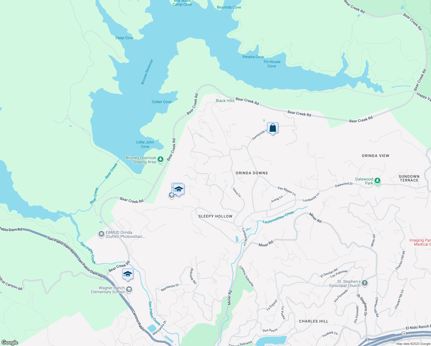 map of restaurants, bars, coffee shops, grocery stores, and more near 42 Tappan Lane in Orinda
