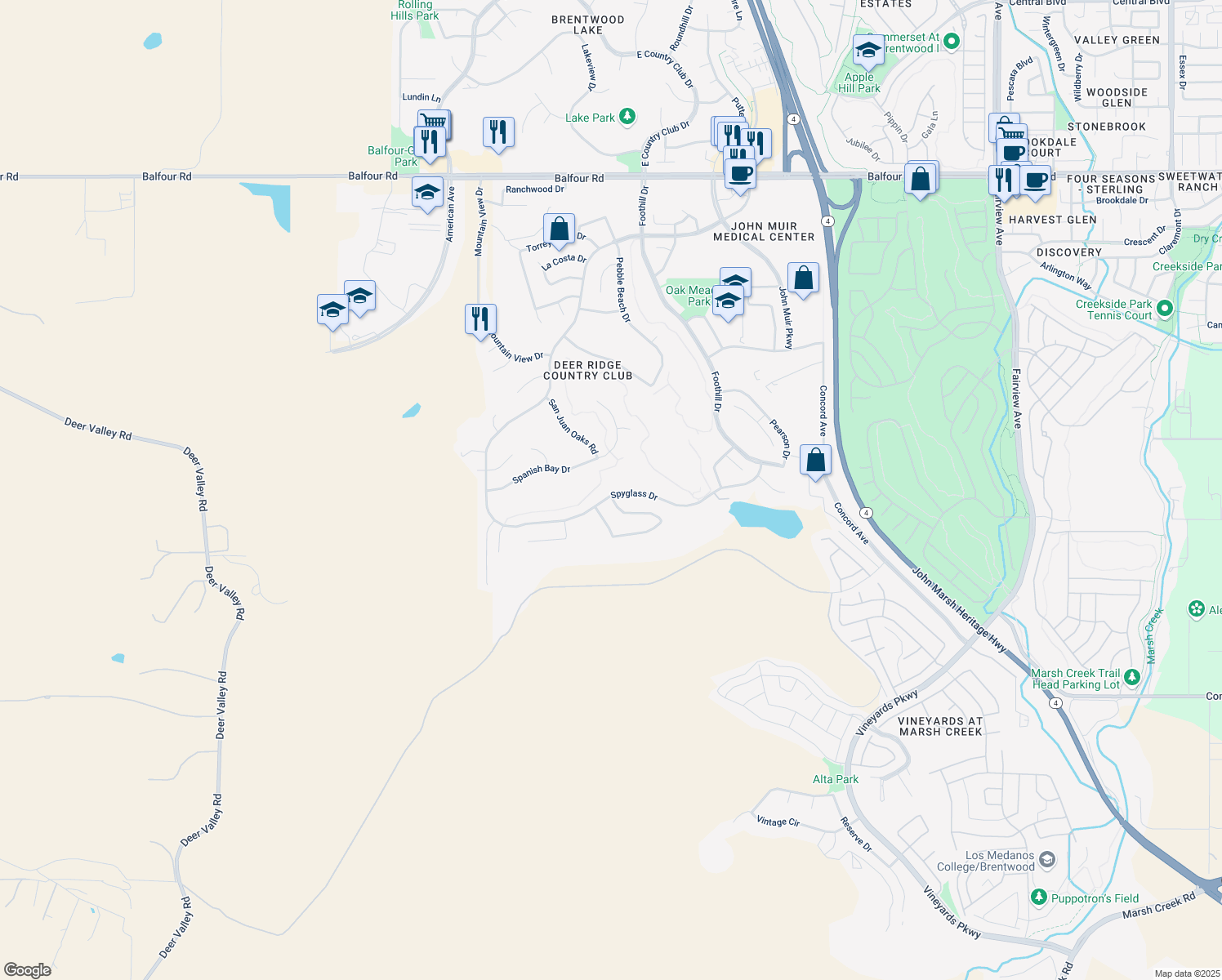 map of restaurants, bars, coffee shops, grocery stores, and more near 2461 Spyglass Drive in Brentwood