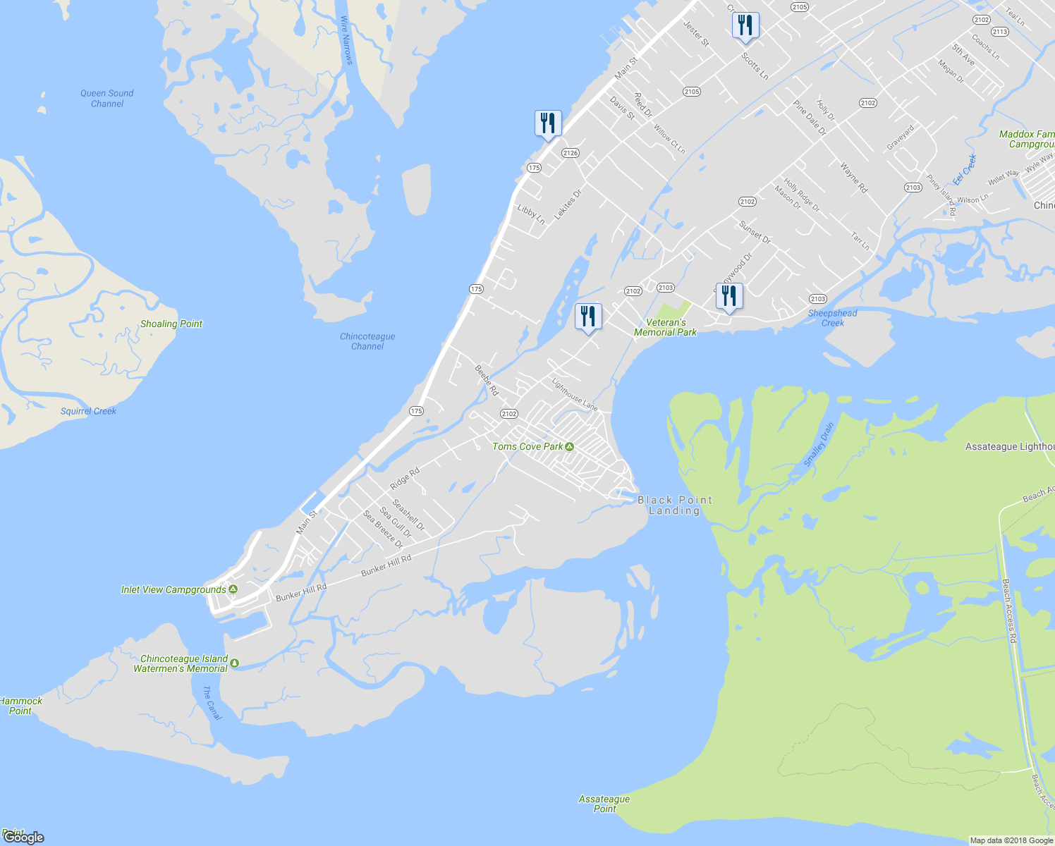 map of restaurants, bars, coffee shops, grocery stores, and more near Beebe Road in Chincoteague Island