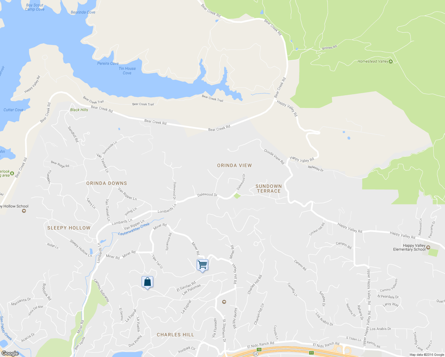 map of restaurants, bars, coffee shops, grocery stores, and more near 136 Amber Valley Drive in Orinda