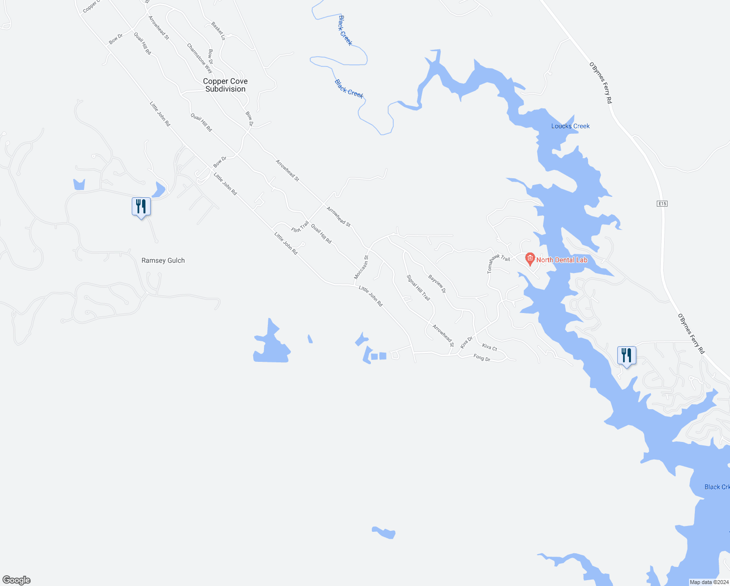 map of restaurants, bars, coffee shops, grocery stores, and more near 4778 Little John Road in Copperopolis