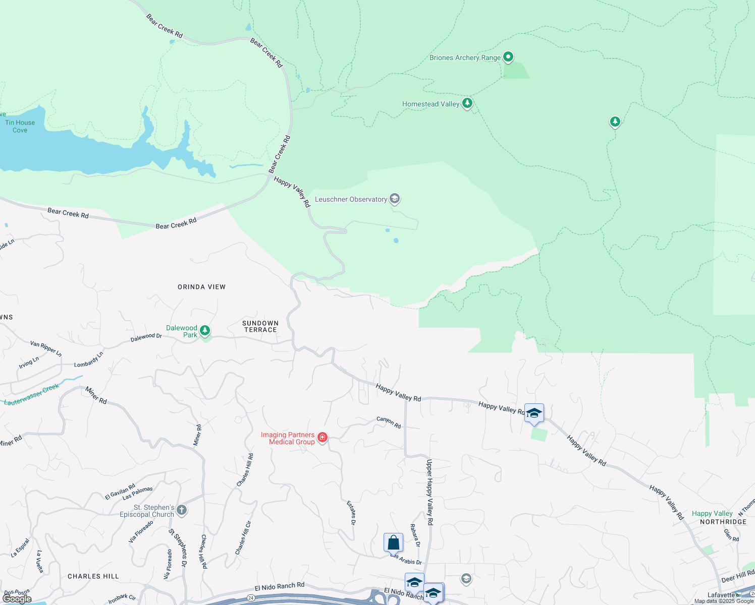 map of restaurants, bars, coffee shops, grocery stores, and more near 8 Wellesley Drive in Lafayette