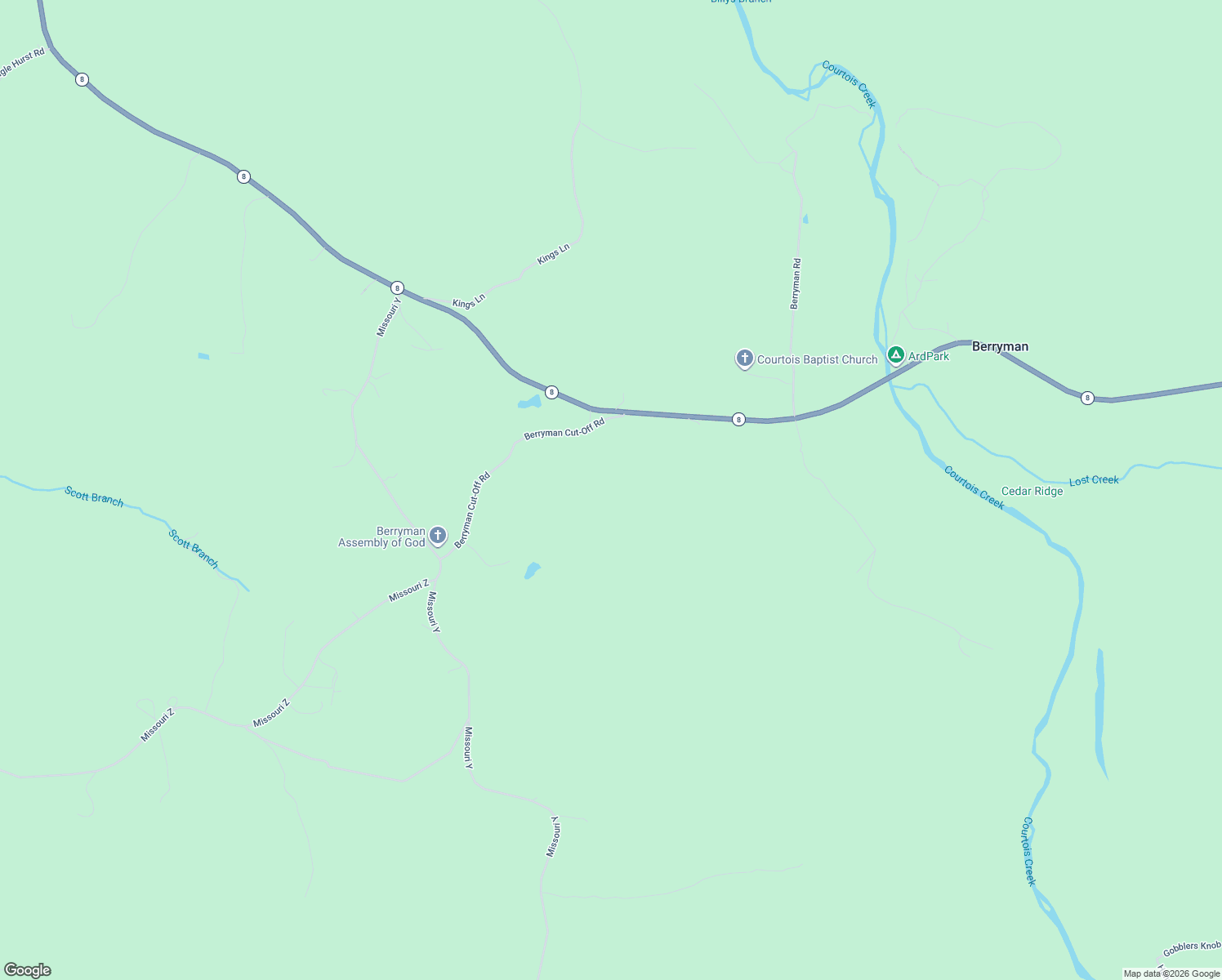 map of restaurants, bars, coffee shops, grocery stores, and more near 12 Berryman Cut-Off Road in Steelville