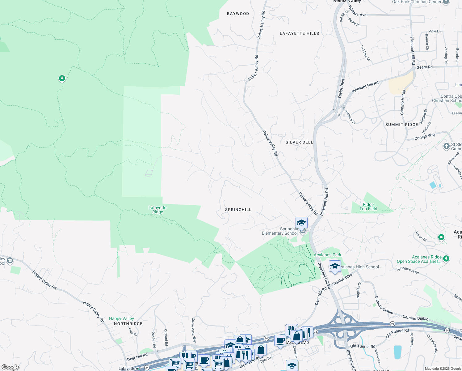 map of restaurants, bars, coffee shops, grocery stores, and more near 11 Leslyn Lane in Lafayette