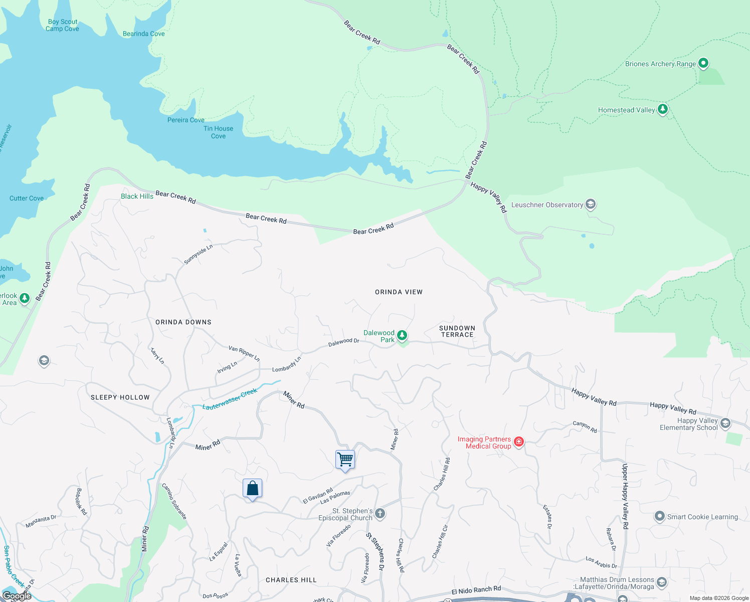 map of restaurants, bars, coffee shops, grocery stores, and more near 155 Amber Valley Drive in Orinda