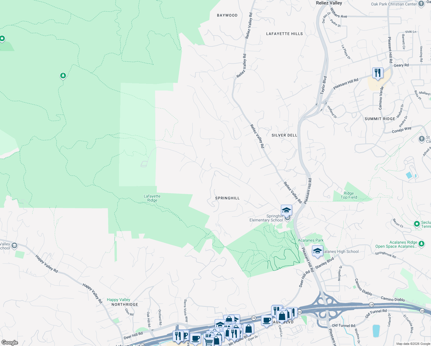 map of restaurants, bars, coffee shops, grocery stores, and more near 11 Leslyn Lane in Lafayette
