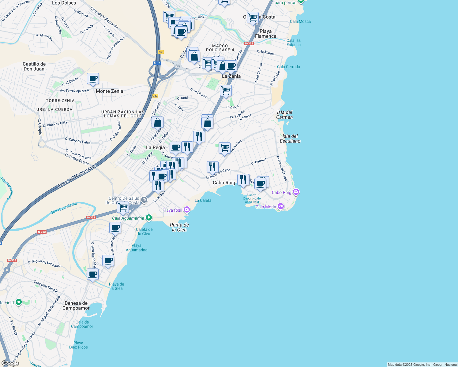 map of restaurants, bars, coffee shops, grocery stores, and more near in Cabo Roig