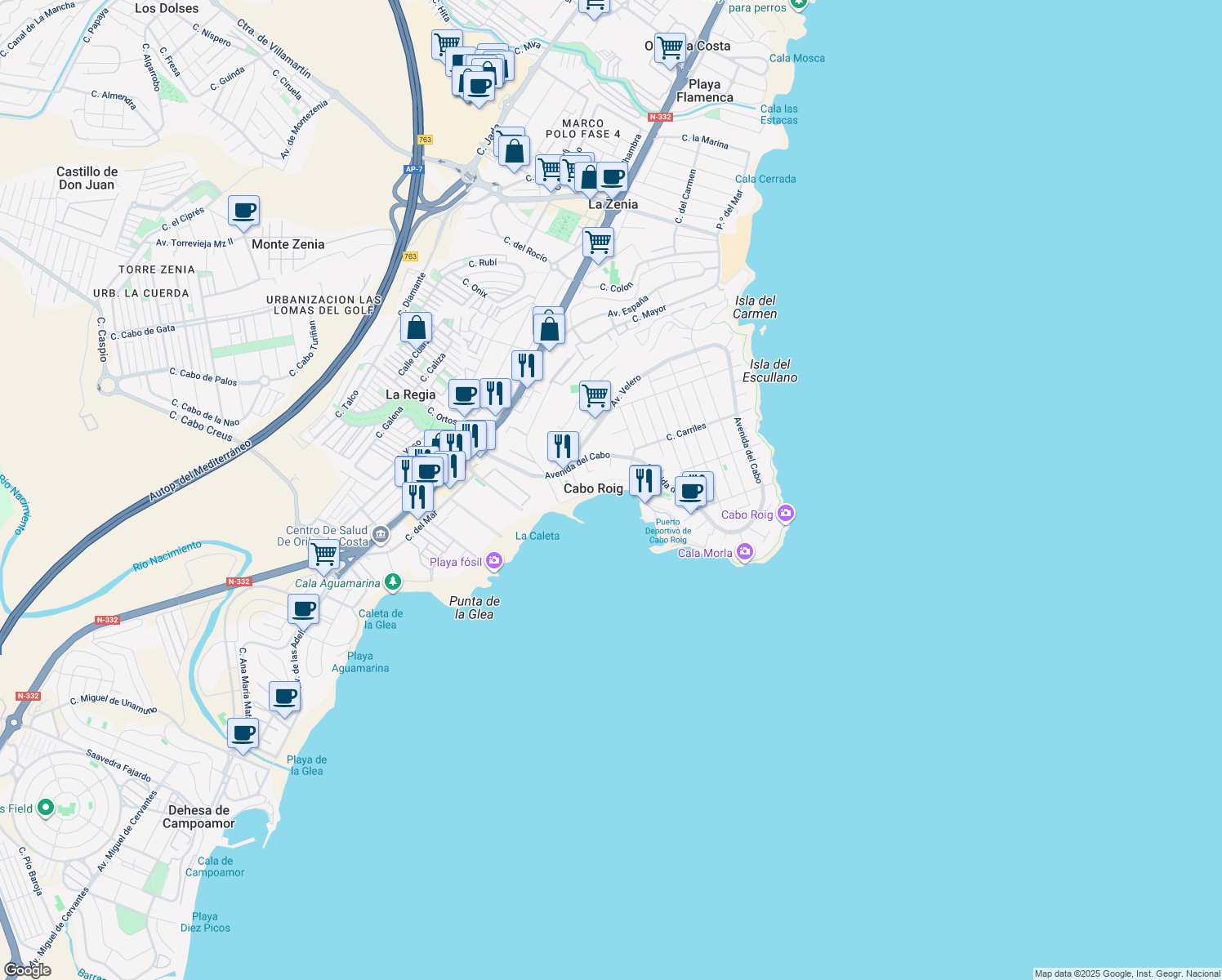 map of restaurants, bars, coffee shops, grocery stores, and more near in Cabo Roig