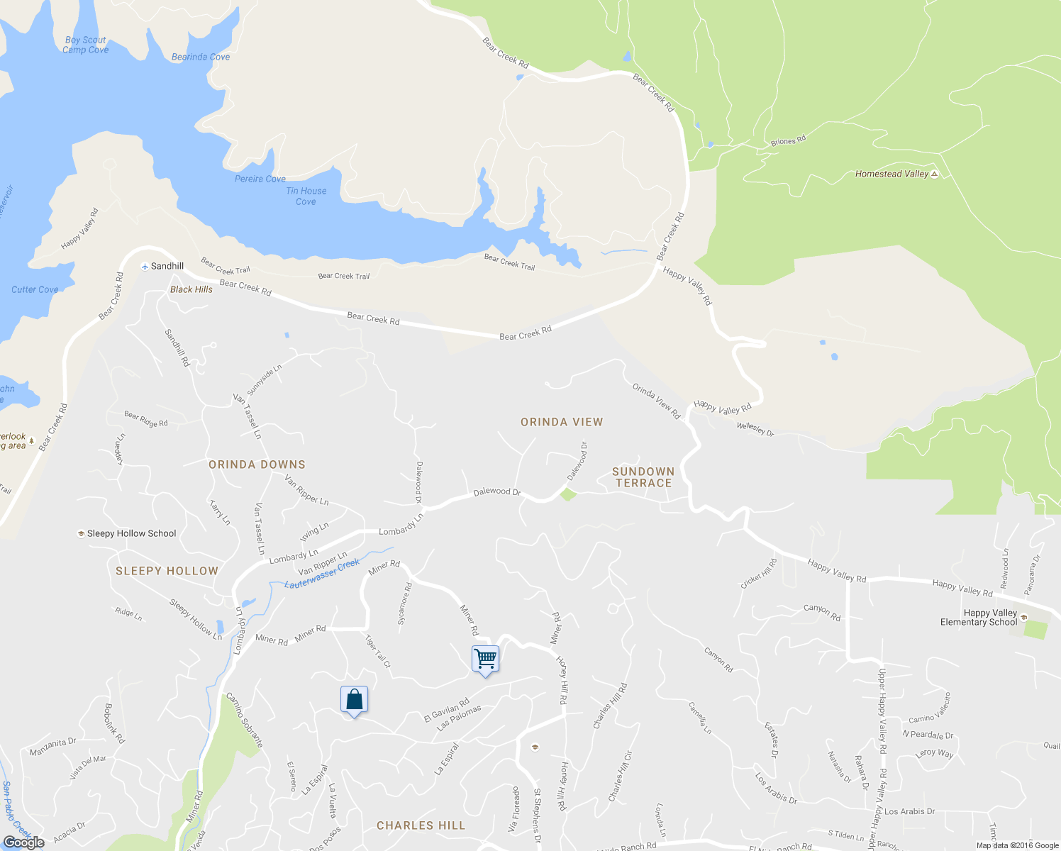 map of restaurants, bars, coffee shops, grocery stores, and more near 155 Amber Valley Drive in Orinda