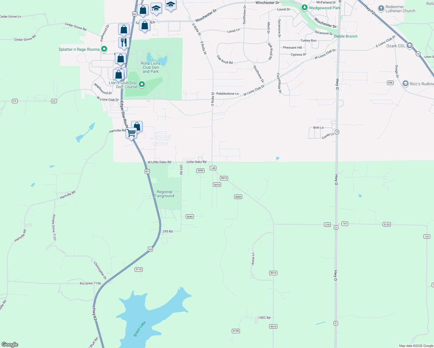 map of restaurants, bars, coffee shops, grocery stores, and more near 12895 County Road 5070 in Rolla