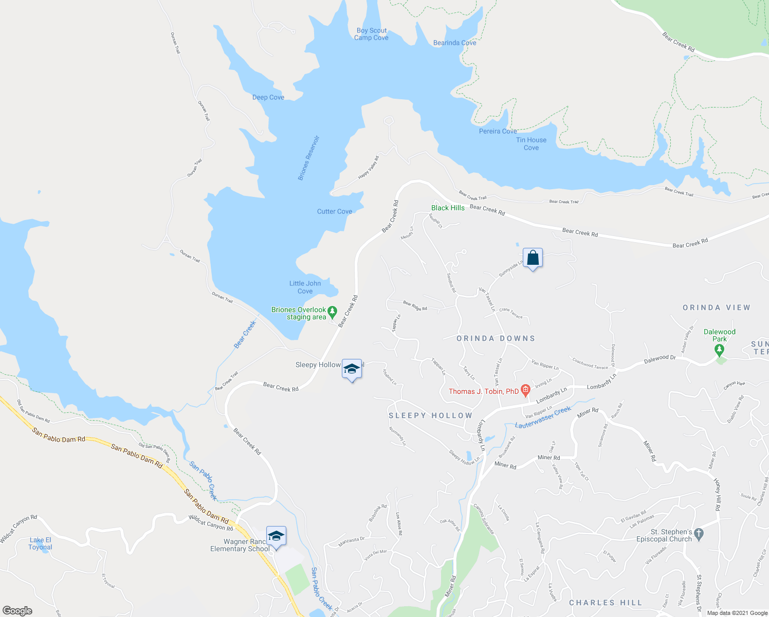 map of restaurants, bars, coffee shops, grocery stores, and more near 121 Tappan Lane in Orinda