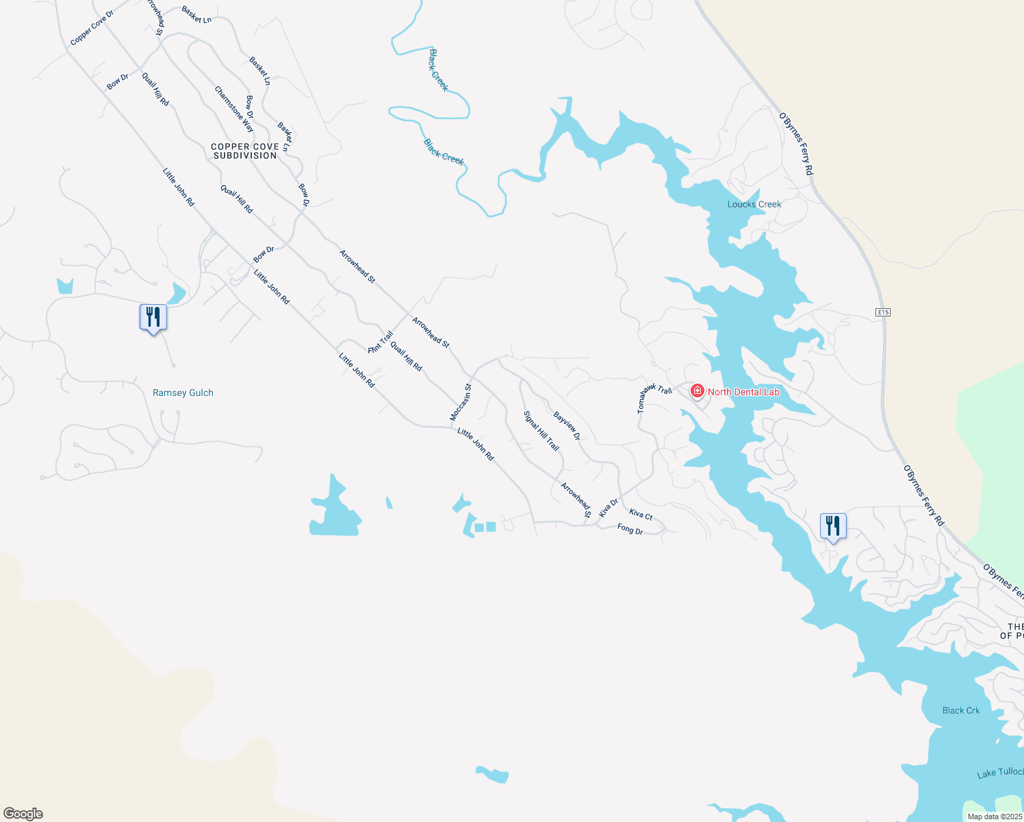 map of restaurants, bars, coffee shops, grocery stores, and more near 3631 Arrowhead Street in Copperopolis