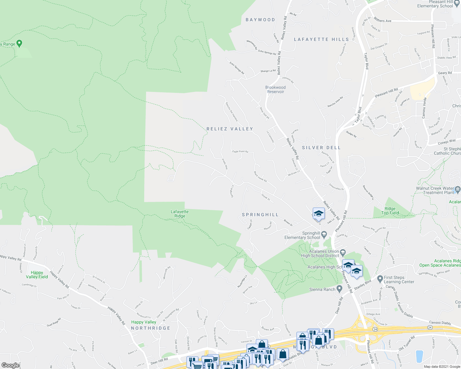 map of restaurants, bars, coffee shops, grocery stores, and more near 10 Springhill Lane in Lafayette
