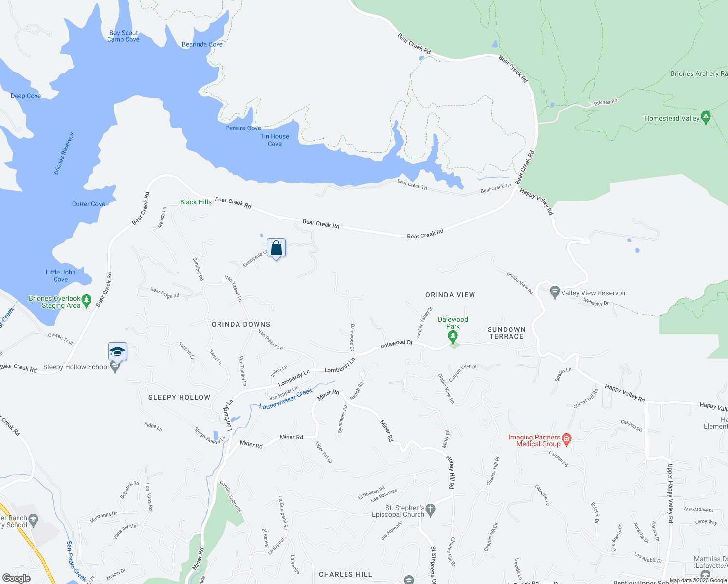 map of restaurants, bars, coffee shops, grocery stores, and more near 79 Yarrow Valley Lane in Orinda