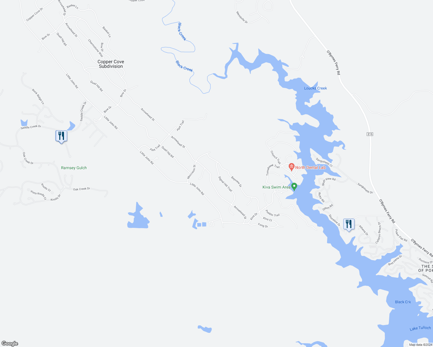 map of restaurants, bars, coffee shops, grocery stores, and more near 3631 Arrowhead Street in Copperopolis