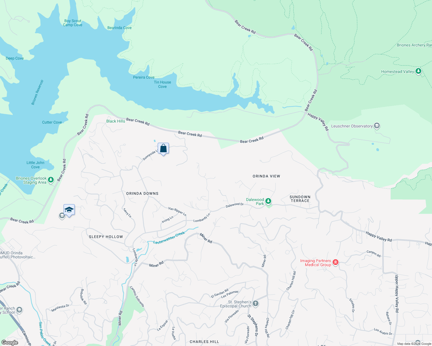 map of restaurants, bars, coffee shops, grocery stores, and more near 79 Yarrow Valley Lane in Orinda