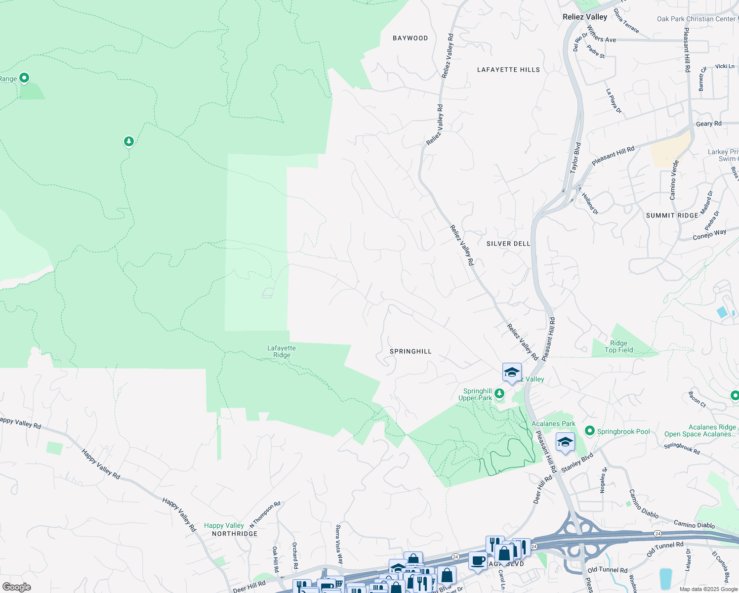 map of restaurants, bars, coffee shops, grocery stores, and more near 10 Springhill Lane in Lafayette