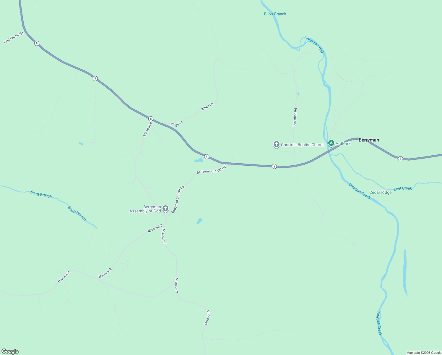map of restaurants, bars, coffee shops, grocery stores, and more near 12 Berryman Cut-Off Road in Steelville