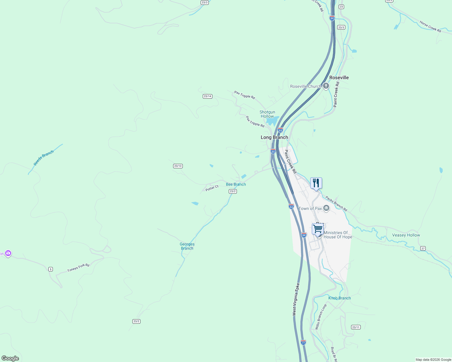 map of restaurants, bars, coffee shops, grocery stores, and more near 83 Driveway in Pax