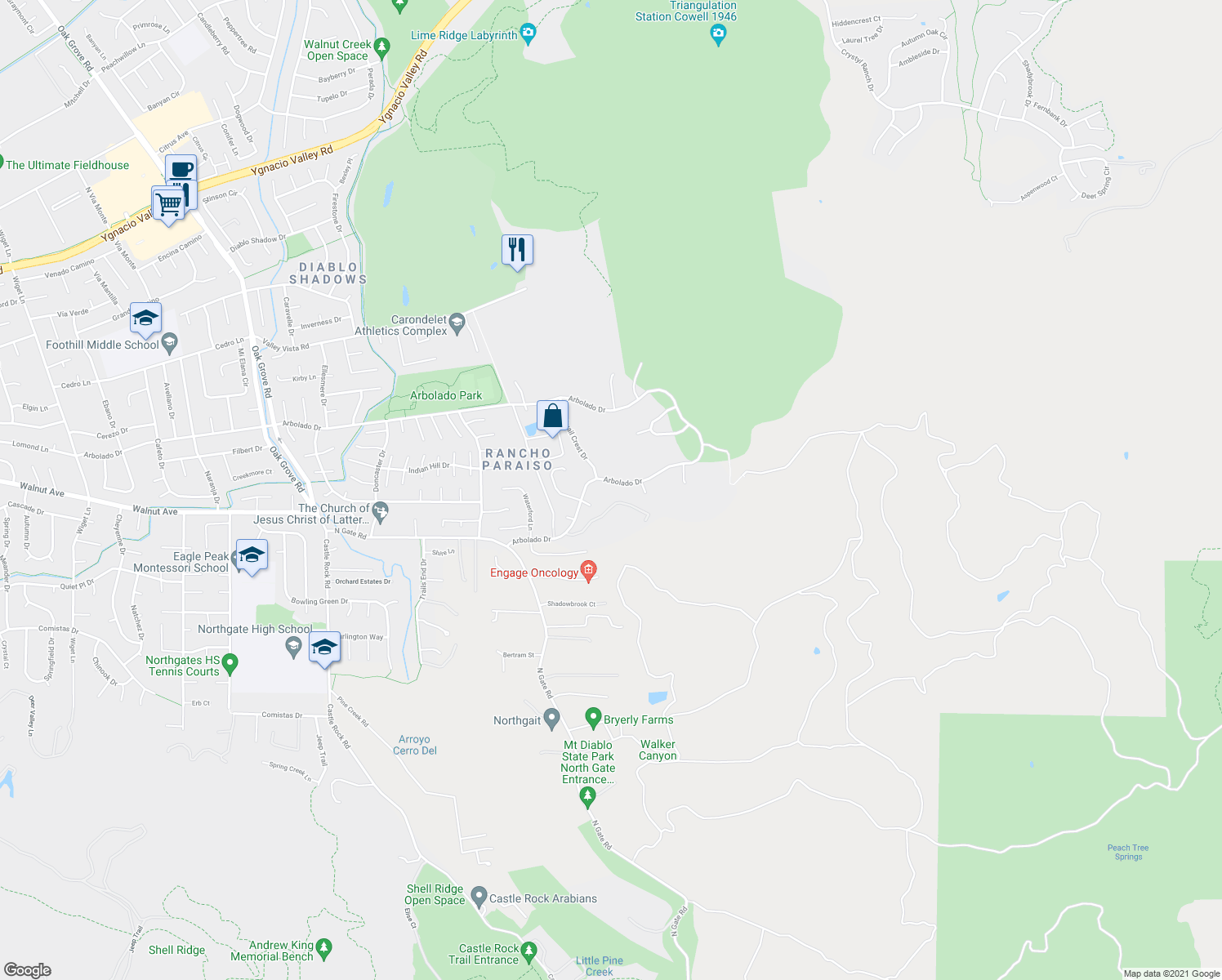 map of restaurants, bars, coffee shops, grocery stores, and more near 4190 Arbolado Drive in Walnut Creek