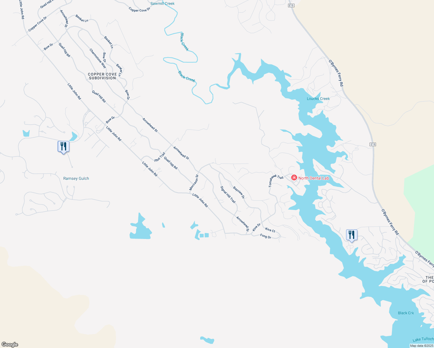 map of restaurants, bars, coffee shops, grocery stores, and more near 4546 Bayview Drive in Copperopolis