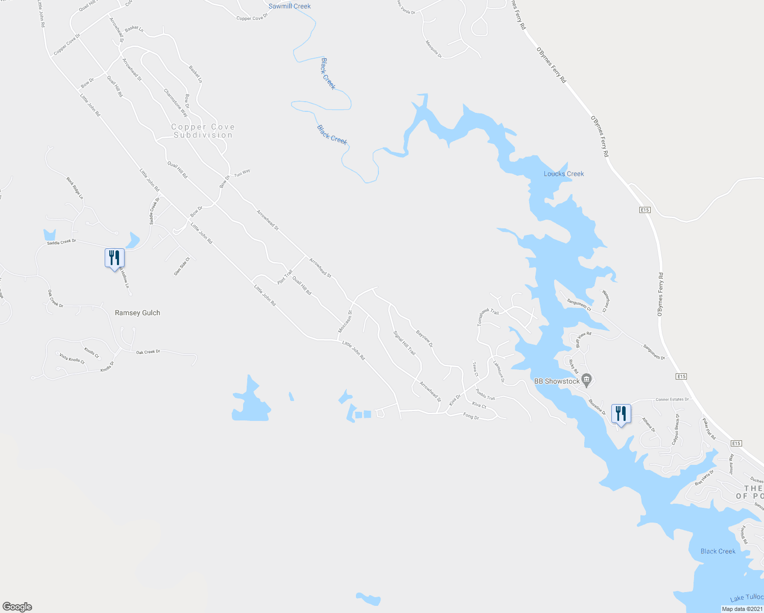 map of restaurants, bars, coffee shops, grocery stores, and more near 4546 Bayview Drive in Copperopolis