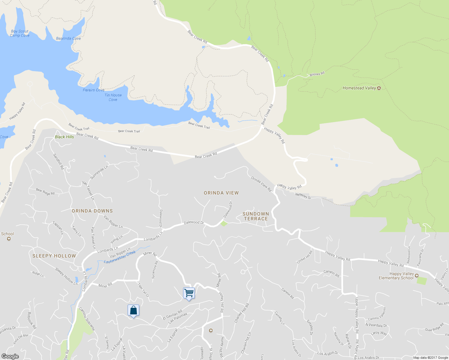 map of restaurants, bars, coffee shops, grocery stores, and more near 39 Orinda View Road in Orinda