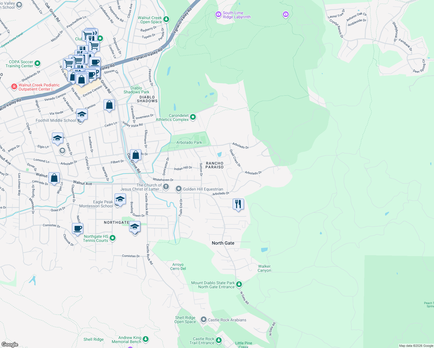 map of restaurants, bars, coffee shops, grocery stores, and more near 3717 Waterford Lane in Walnut Creek