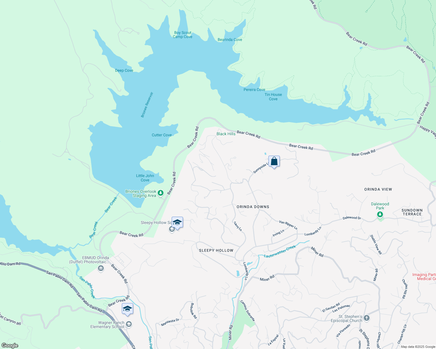 map of restaurants, bars, coffee shops, grocery stores, and more near 233 Melody Lane in Orinda