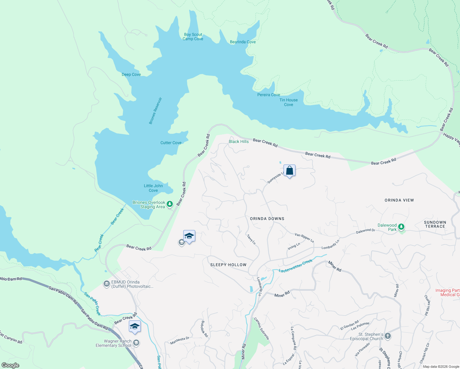 map of restaurants, bars, coffee shops, grocery stores, and more near 233 Melody Lane in Orinda