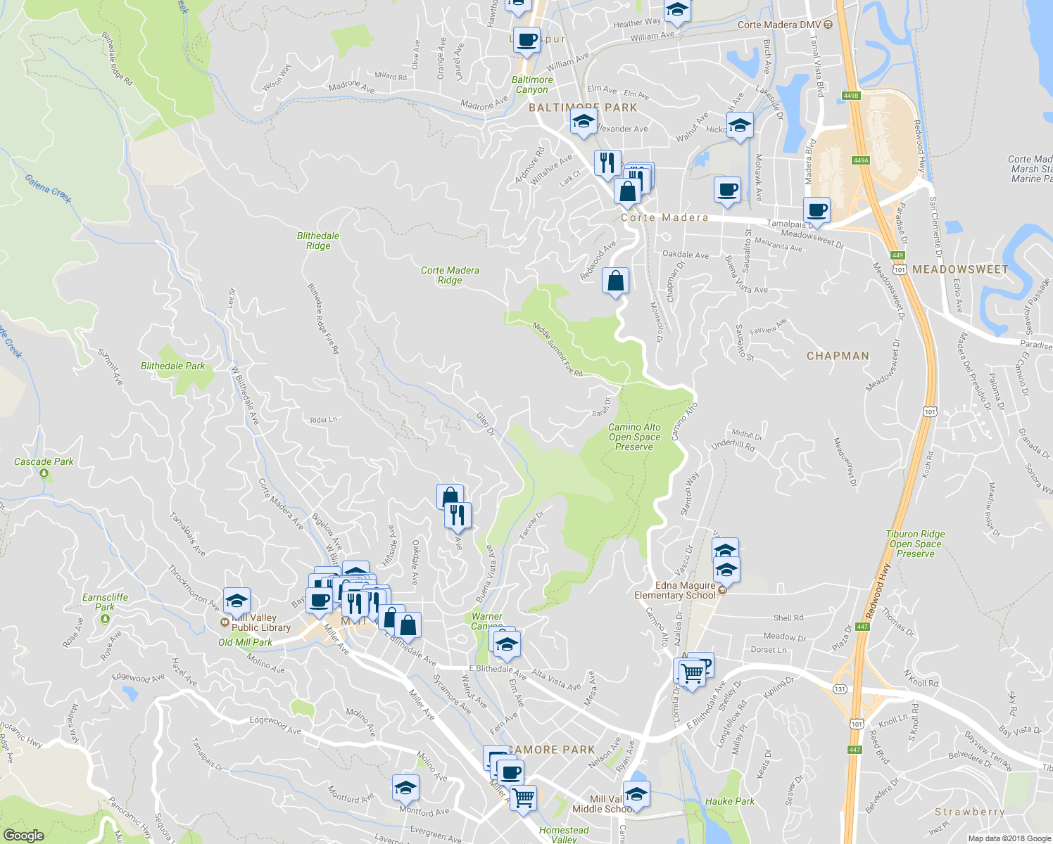 map of restaurants, bars, coffee shops, grocery stores, and more near 387 Vista Linda Drive in Mill Valley