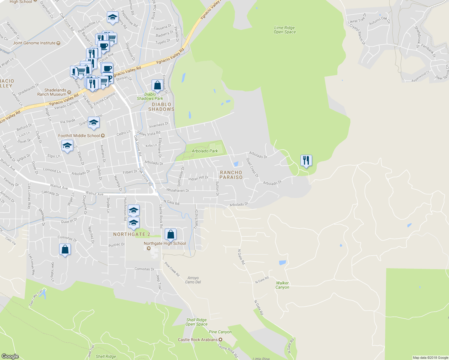 map of restaurants, bars, coffee shops, grocery stores, and more near 3687 Chucker Court in Walnut Creek