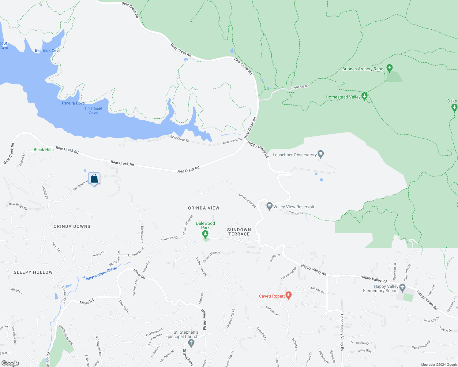 map of restaurants, bars, coffee shops, grocery stores, and more near 15 Orinda View Road in Orinda