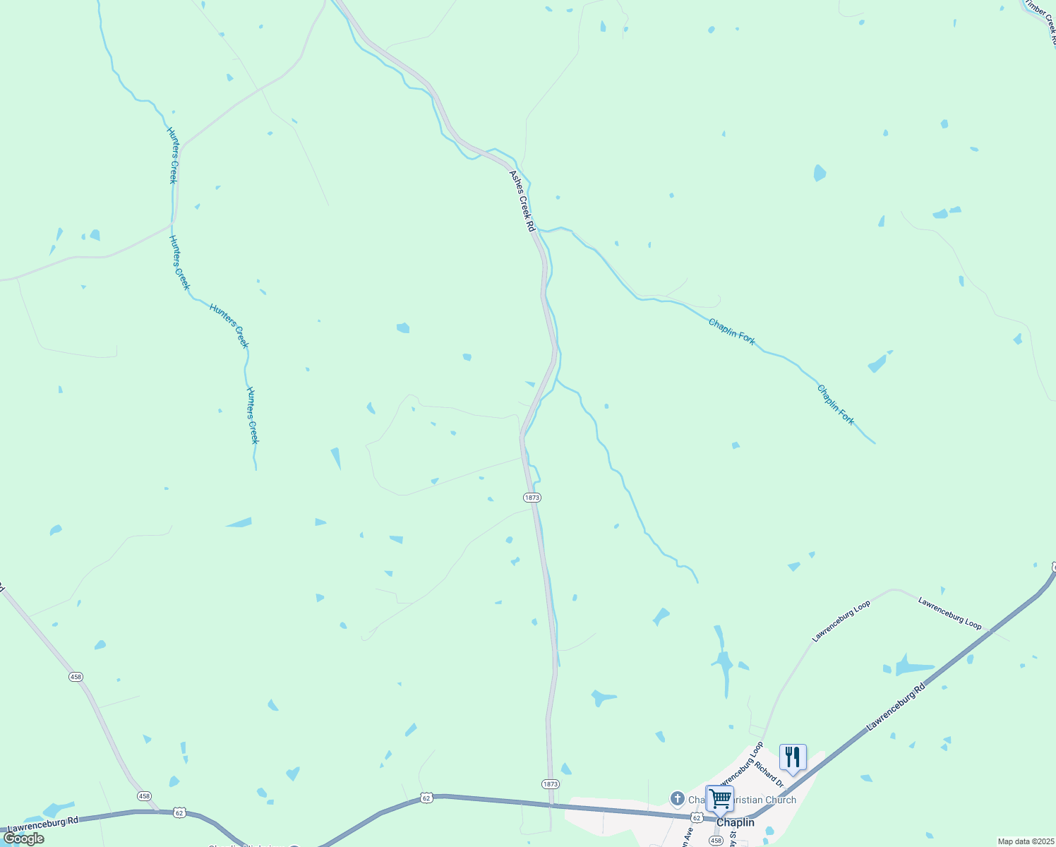map of restaurants, bars, coffee shops, grocery stores, and more near 1225 Ashes Creek Road in Bloomfield