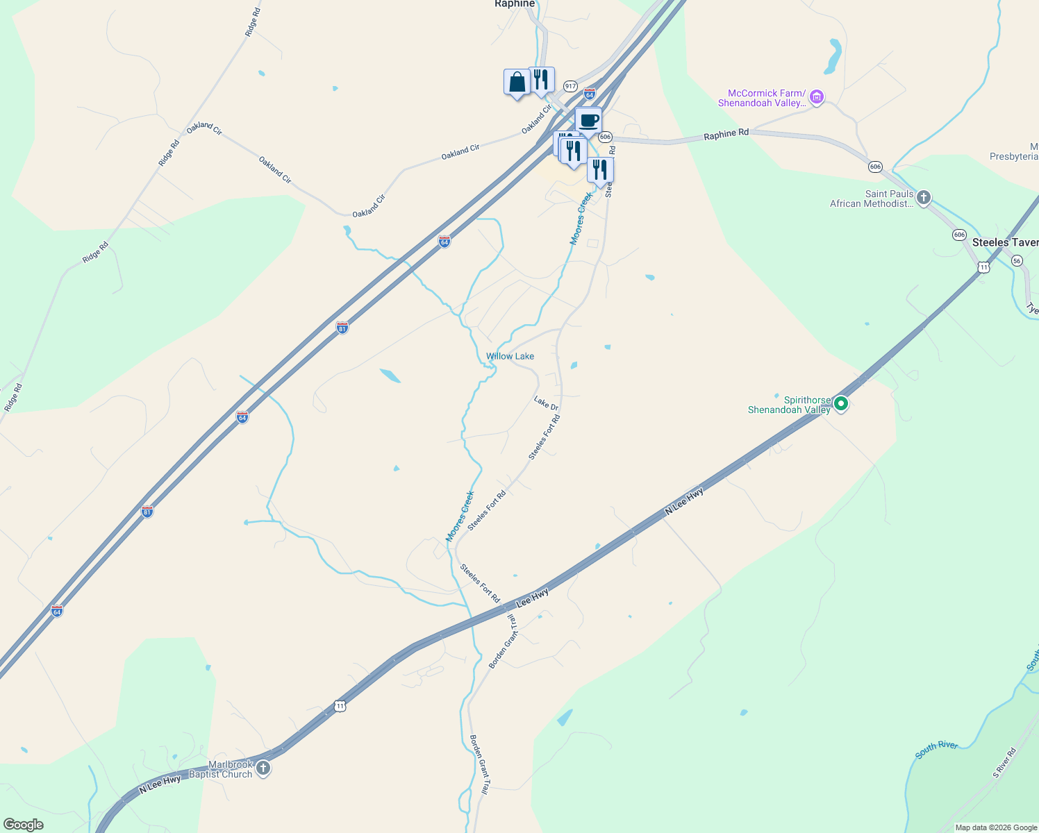 map of restaurants, bars, coffee shops, grocery stores, and more near 99 Waterfront Drive in Raphine