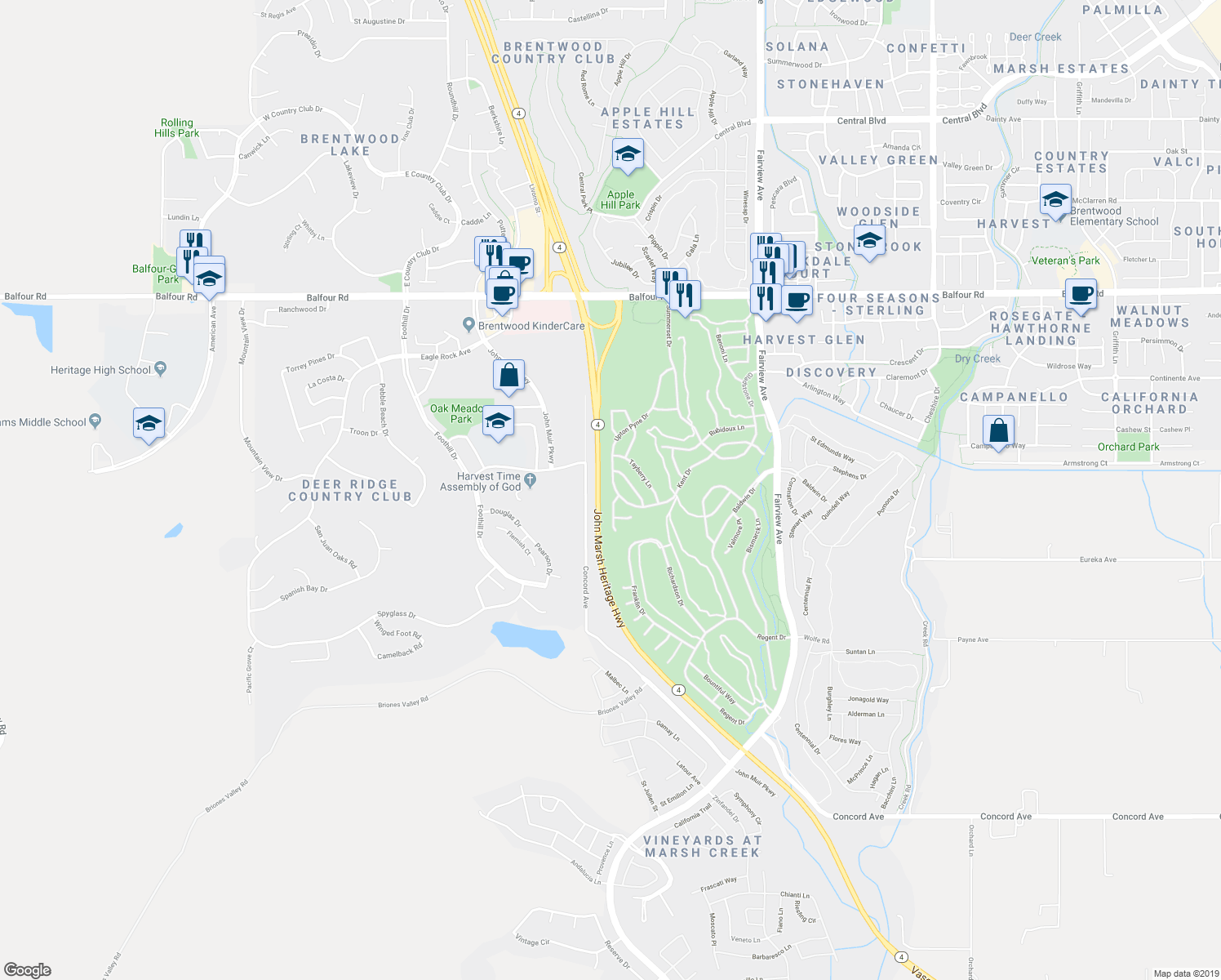 map of restaurants, bars, coffee shops, grocery stores, and more near 339 Upton Pyne Drive in Brentwood