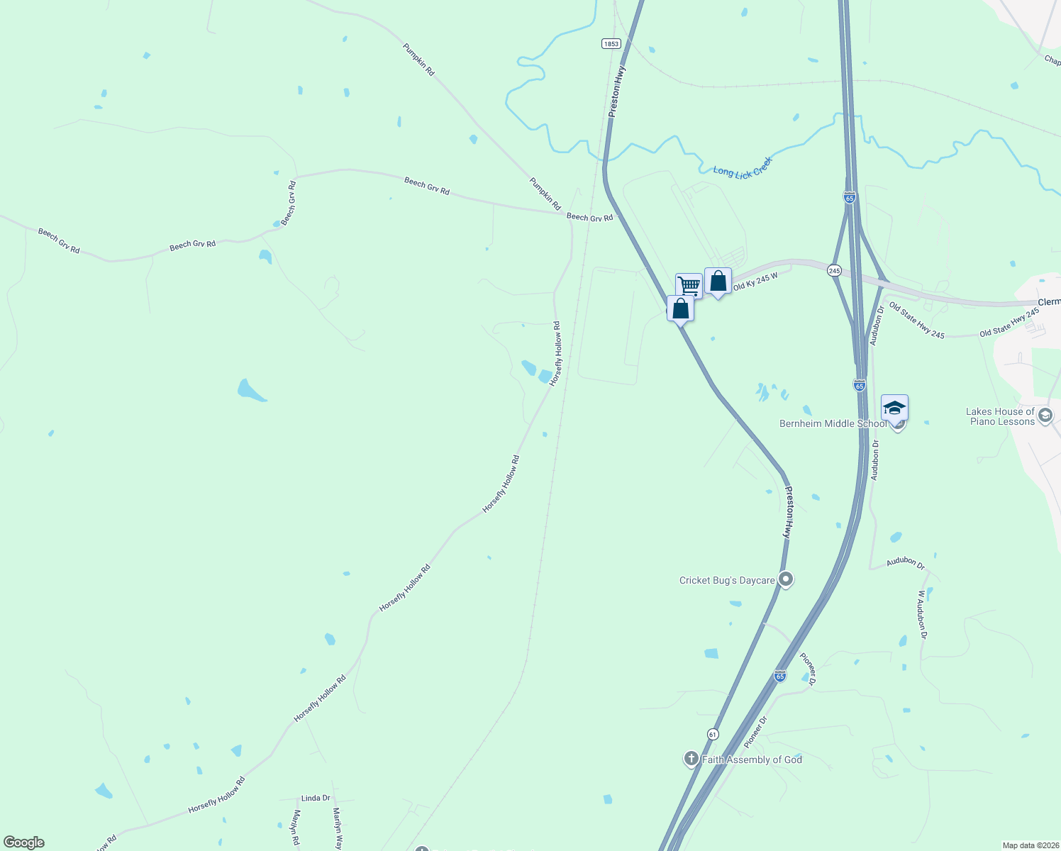 map of restaurants, bars, coffee shops, grocery stores, and more near 116 Horsefly Hollow Road in Lebanon Junction