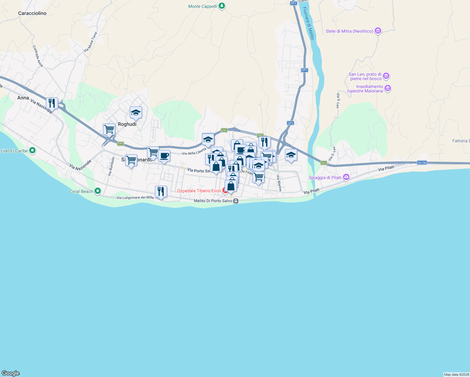map of restaurants, bars, coffee shops, grocery stores, and more near 125 Via Peppino Surfaro in Melito di Porto Salvo