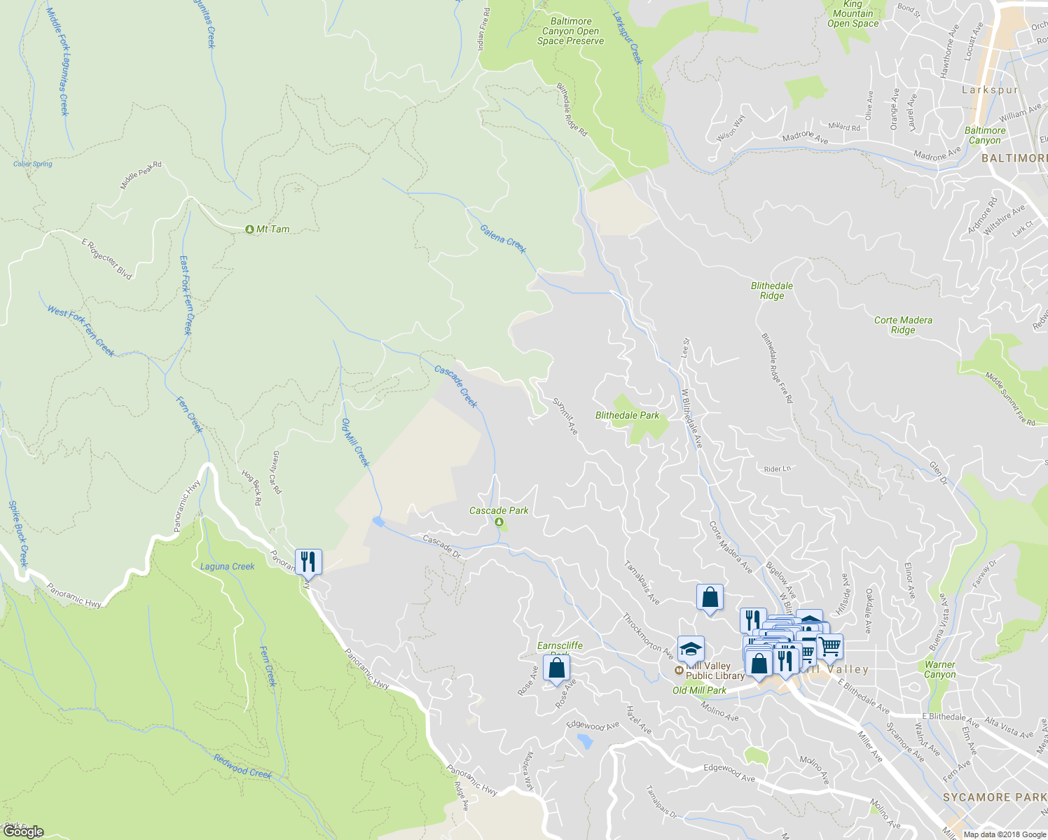 map of restaurants, bars, coffee shops, grocery stores, and more near 3 Walden Lane in Mill Valley