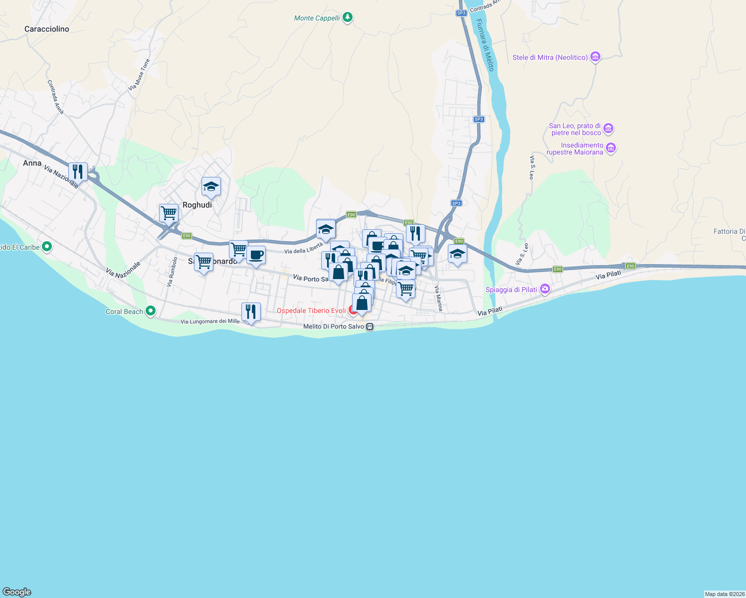 map of restaurants, bars, coffee shops, grocery stores, and more near 125 Via Peppino Surfaro in Melito di Porto Salvo