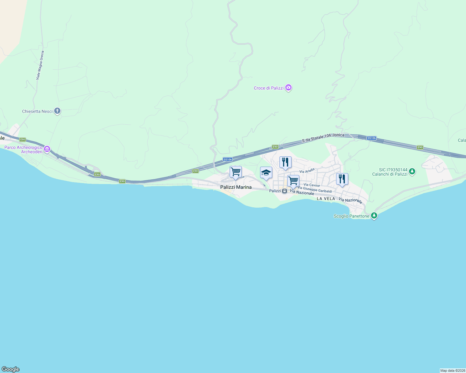 map of restaurants, bars, coffee shops, grocery stores, and more near in Palizzi Marina