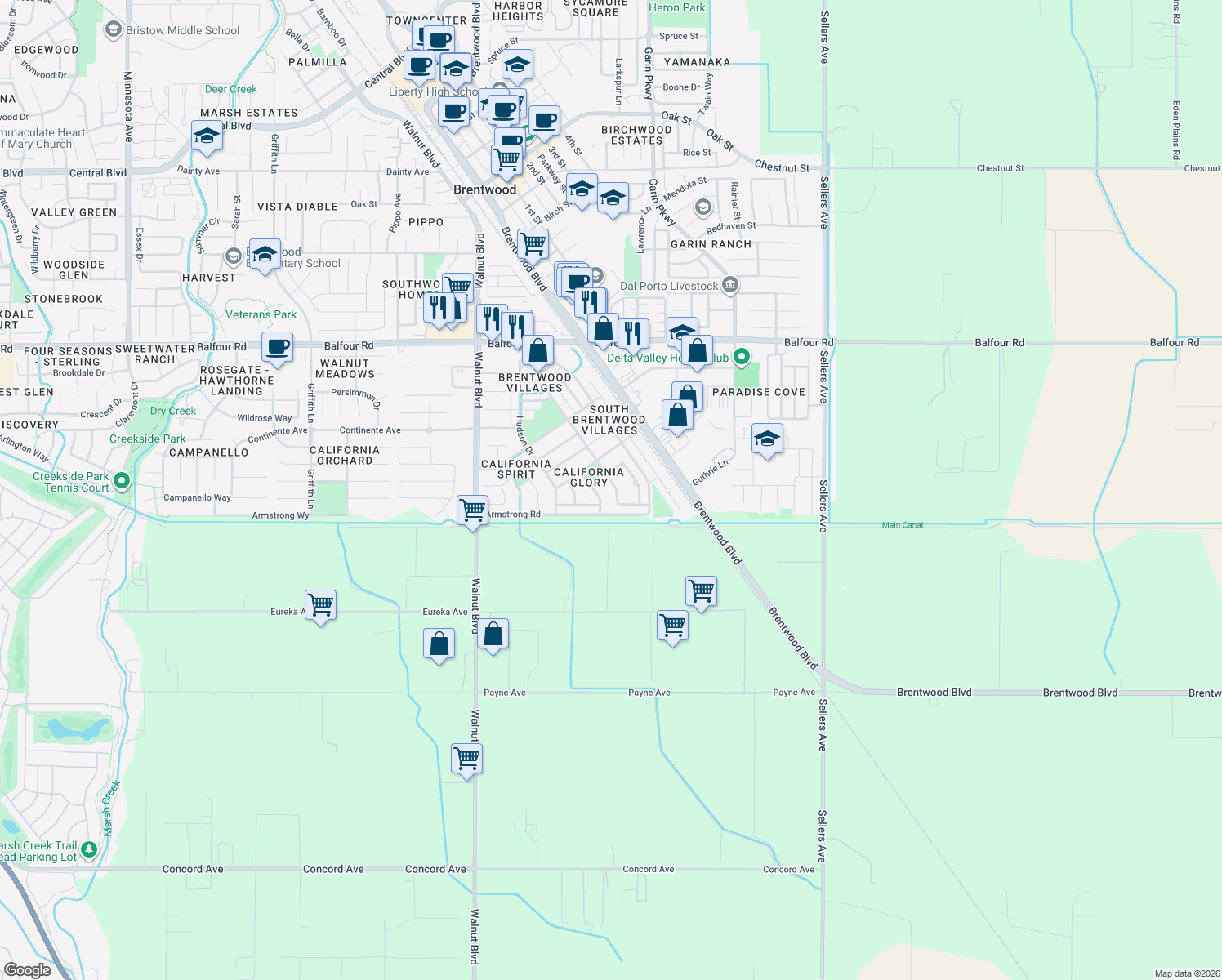 map of restaurants, bars, coffee shops, grocery stores, and more near 3033 Mills Dr in Brentwood