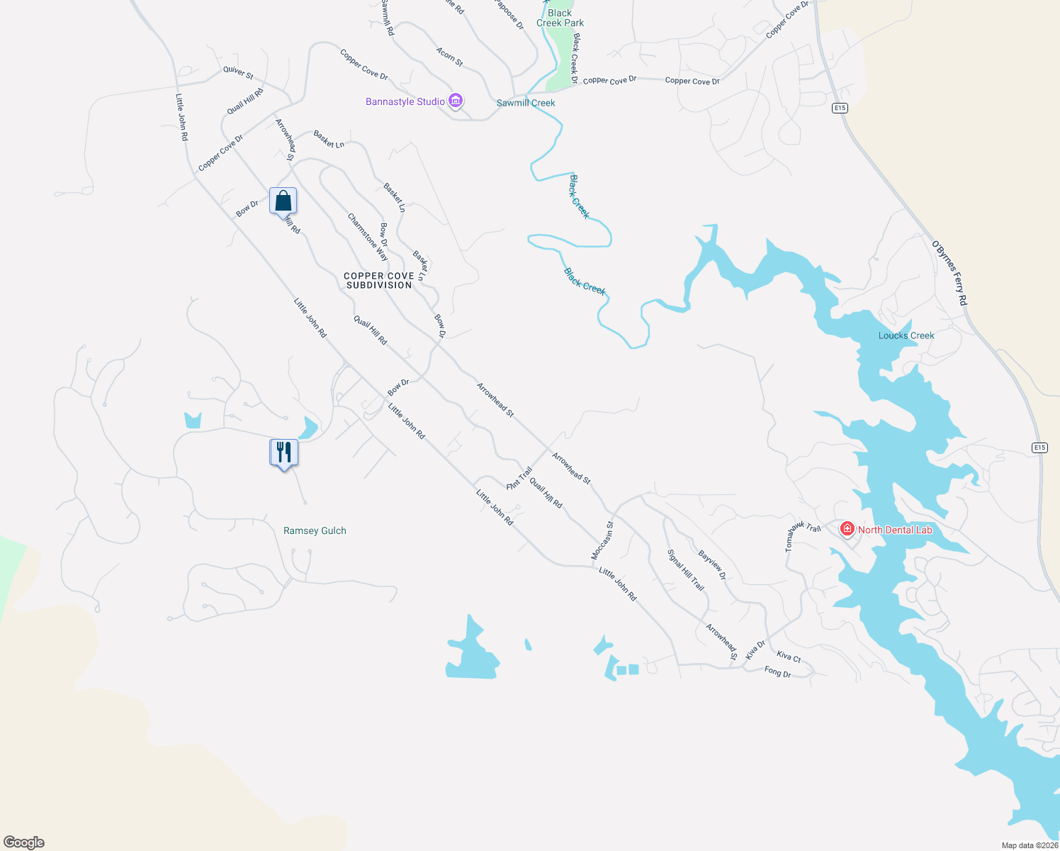 map of restaurants, bars, coffee shops, grocery stores, and more near 3121 Arrowhead Street in Copperopolis