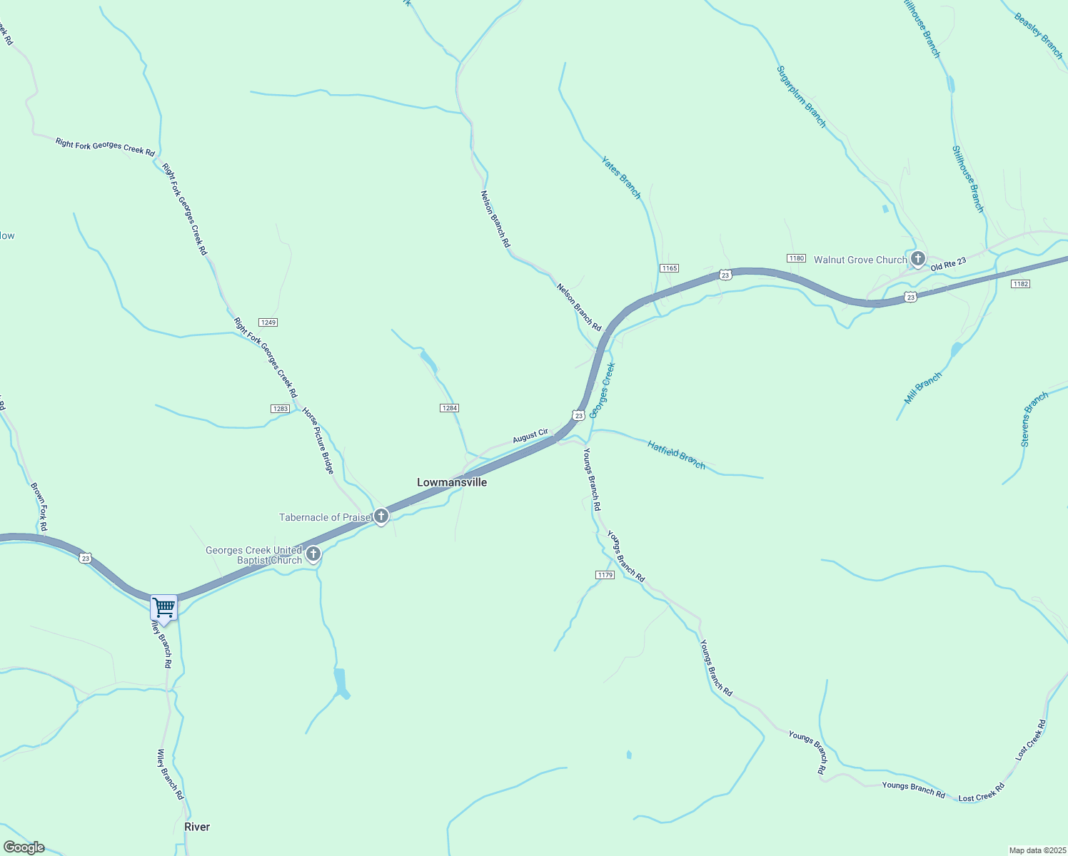 map of restaurants, bars, coffee shops, grocery stores, and more near 327 August Circle in Lowmansville