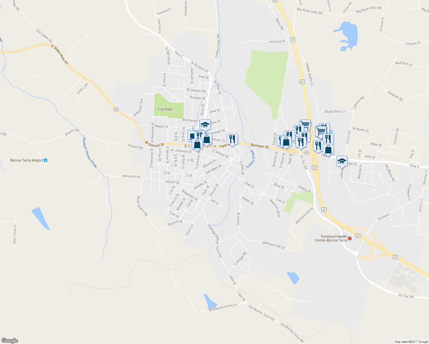 map of restaurants, bars, coffee shops, grocery stores, and more near 52 Southwest Main Street in Bonne Terre