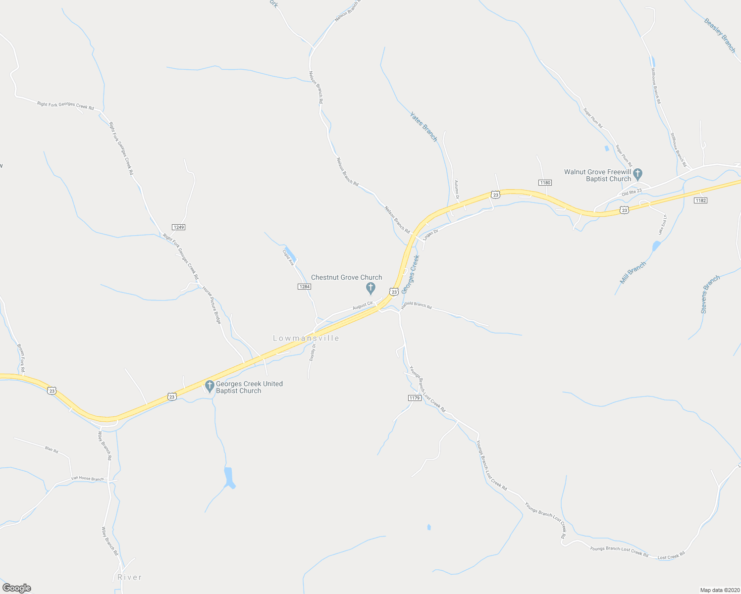 map of restaurants, bars, coffee shops, grocery stores, and more near 327 August Circle in Lowmansville